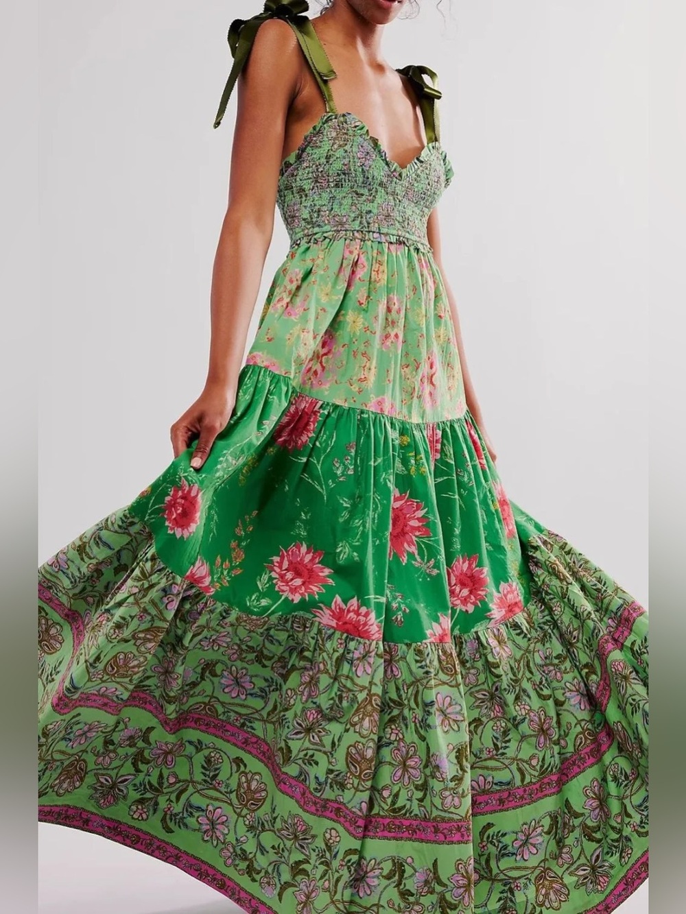 Lrg Floral Ribbon Tie Tiered Maxi Dress NWOT
